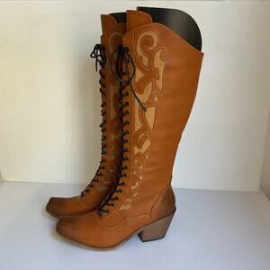 Women’s Tall Western Lace Up Cowboy Boots Faux Leather Brown Size 6.5 Festival